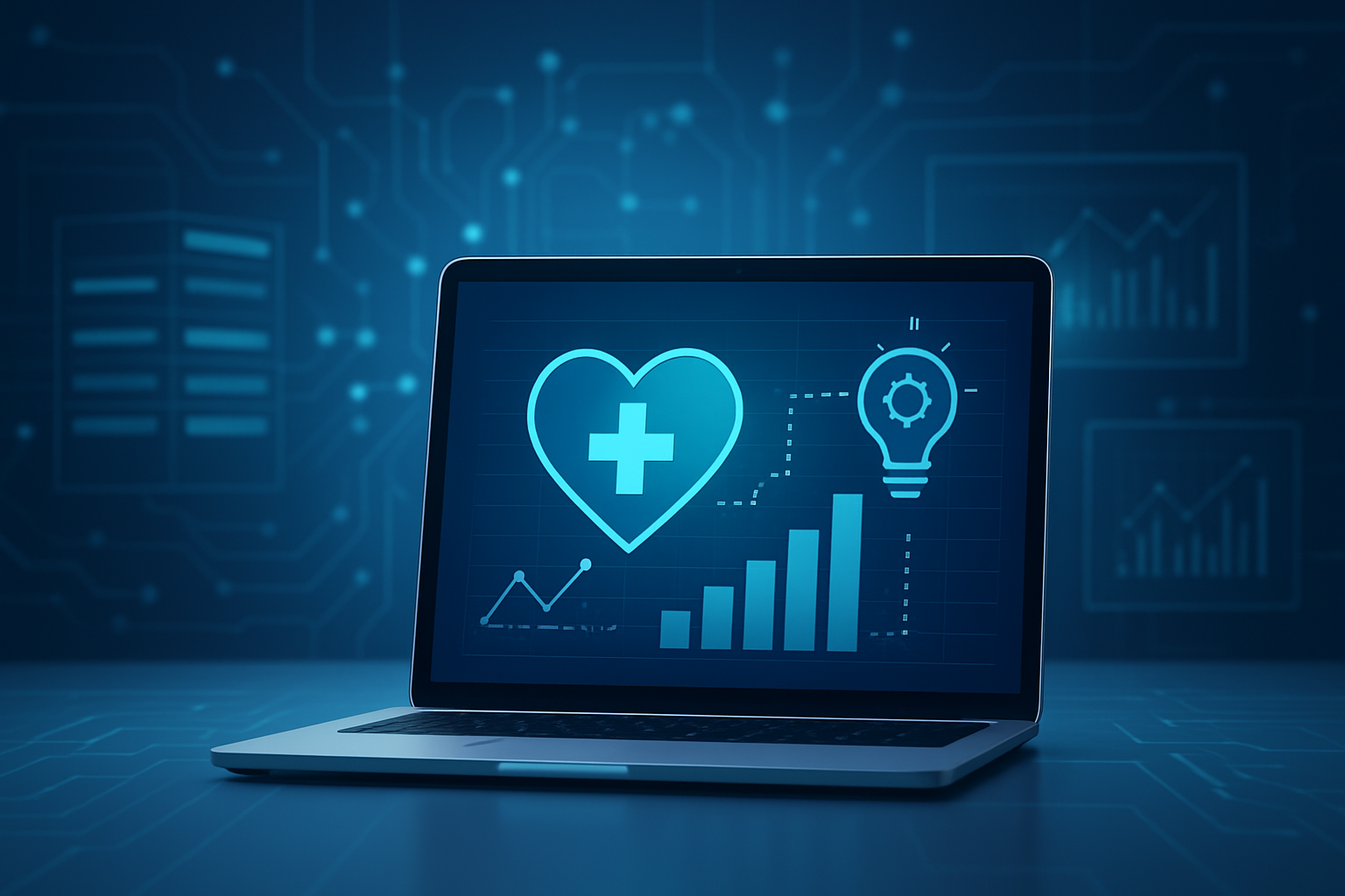 A laptop displaying healthcare-related graphs and innovation symbols on a dark blue background with circuit patterns.