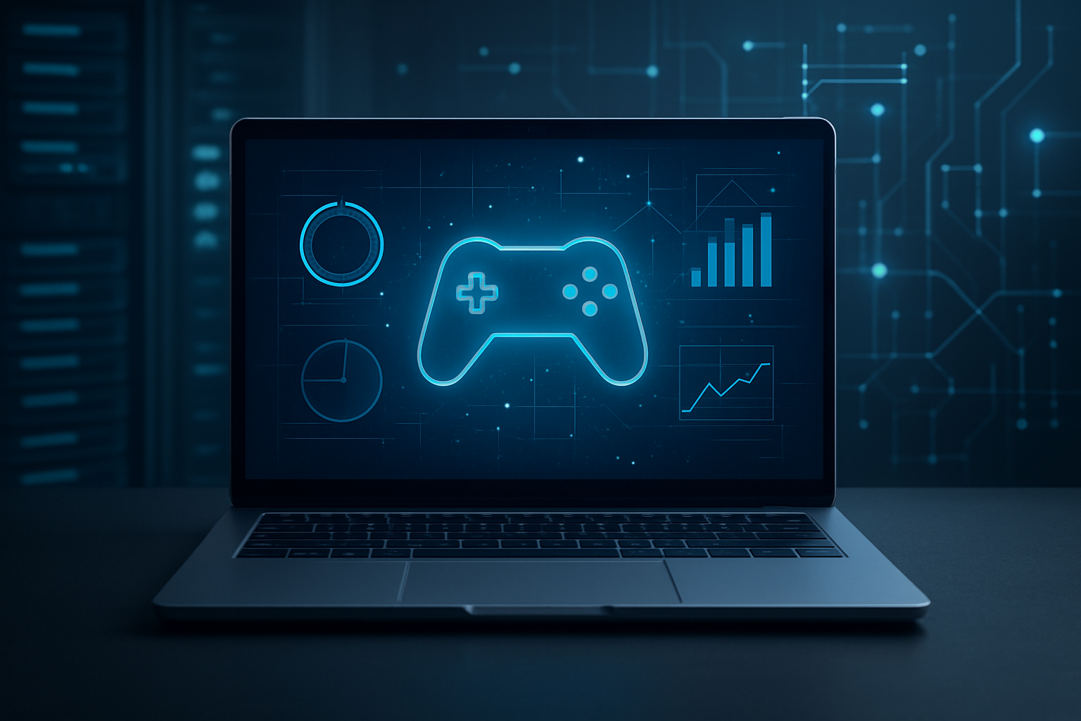 An illuminated laptop displaying a gaming controller and various graphs against a tech-themed background.